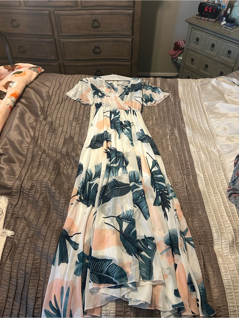 Women’s Cream Maxi Dress with Teal Leaf Print